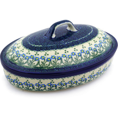 Polish Pottery Baker with Cover 12&quot; Blue Daisy Circle