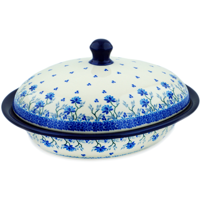 Polish Pottery Baker with Cover 12&quot; Blue Grapevine