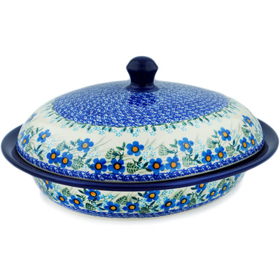 Polish Pottery Baker with Cover 12&quot; Blue Joy
