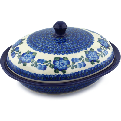 Polish Pottery Baker with Cover 12&quot; Blue Poppies