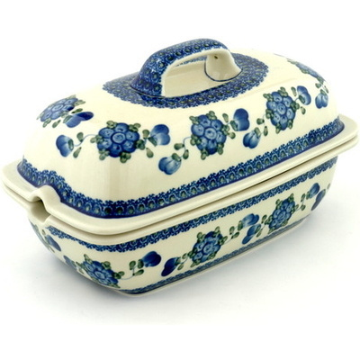 Polish Pottery Baker with Cover 12&quot; Blue Poppies