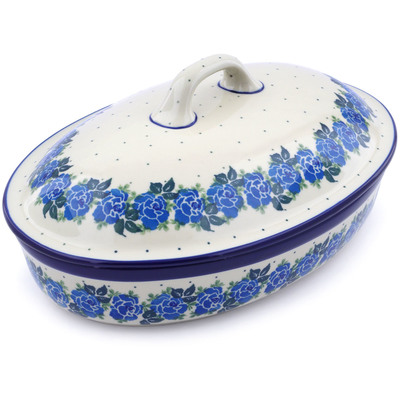 Polish Pottery Baker with Cover 12&quot; Blue Rose