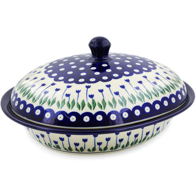 Polish Pottery Baker with Cover 12&quot; Blue Tulip Peacock