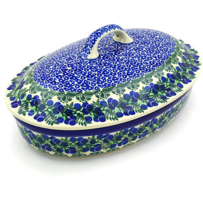 Polish Pottery Baker with Cover 12&quot; Blueberry Fields Forever