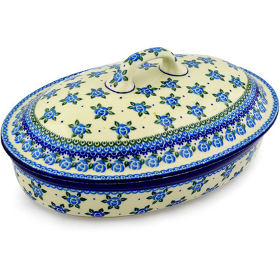 Polish Pottery Baker with Cover 12&quot; Bluebuds