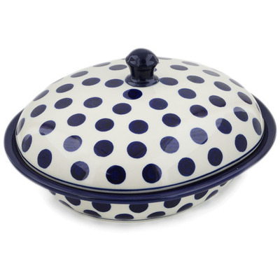 Polish Pottery Baker with Cover 12&quot; Bold Blue Dots