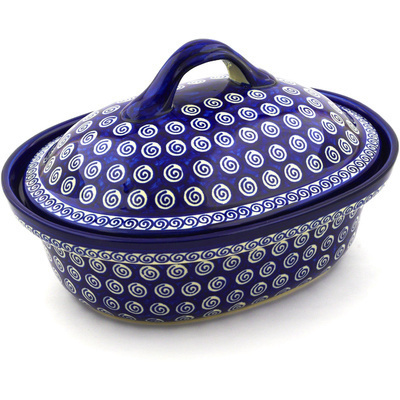 Polish Pottery Baker with Cover 12&quot; Cobalt Swirl