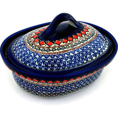 Polish Pottery Baker with Cover 12&quot; Coral Diamonds UNIKAT