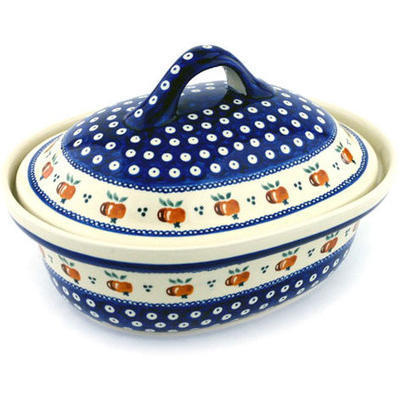 Polish Pottery Baker with Cover 12&quot; Country Apple Peacock