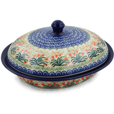 Polish Pottery Baker with Cover 12&quot; Crimson Bells