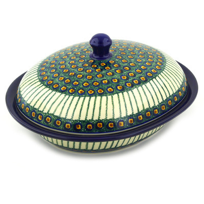 Polish Pottery Baker with Cover 12&quot; Emerald Peacock