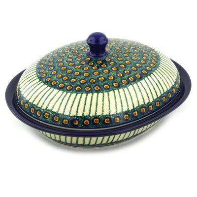 Polish Pottery Baker with Cover 12" Emerald Peacock