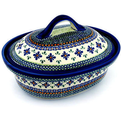 Polish Pottery Baker with Cover 12&quot; Gingham Flowers