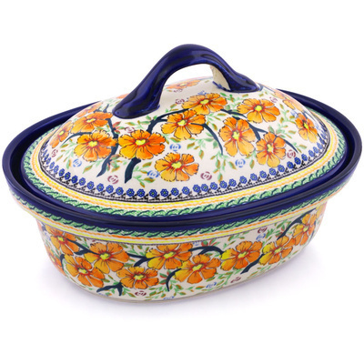 Polish Pottery Baker with Cover 12&quot; Golden Floral UNIKAT