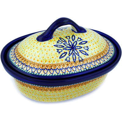 Polish Pottery Baker with Cover 12&quot; Golden Tulip UNIKAT