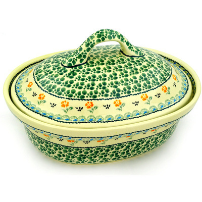 Polish Pottery Baker with Cover 12&quot; Green Bubbles