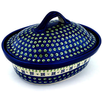 Polish Pottery Baker with Cover 12&quot; Green Gingham Peacock