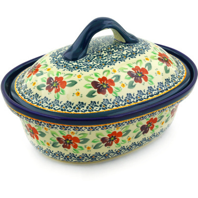 Polish Pottery Baker with Cover 12&quot; Nightingale Flower