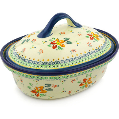 Polish Pottery Baker with Cover 12&quot; Orange Clematis