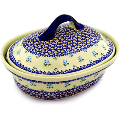Polish Pottery Baker with Cover 12&quot; Orange Peacock Pop