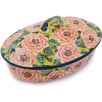 Polish Pottery Baker with Cover 12&quot; Orange Peonies UNIKAT