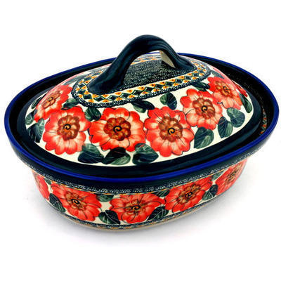 Polish Pottery Baker with Cover 12&quot; Peach Poppies UNIKAT