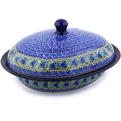 Polish Pottery Baker with Cover 12&quot; Peacock Feather
