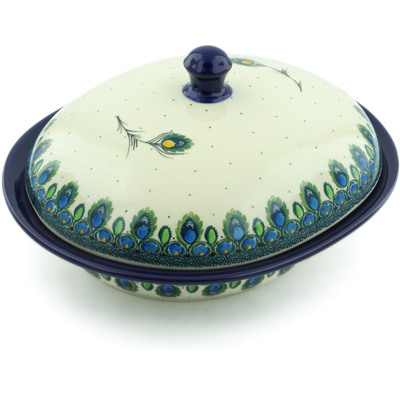 Polish Pottery Baker with Cover 12&quot; Peacock Feather