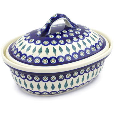 Polish Pottery Baker with Cover 12&quot; Peacock Leaves