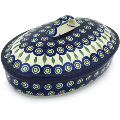 Polish Pottery Baker with Cover 12&quot; Peacock Leaves
