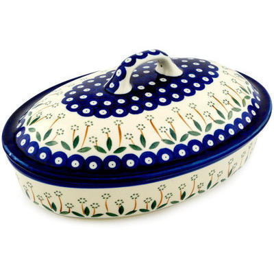 Polish Pottery Baker with Cover 12&quot; Pushing Daisy Peacock