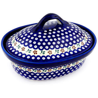Polish Pottery Baker with Cover 12&quot; Red Daisy Peacock