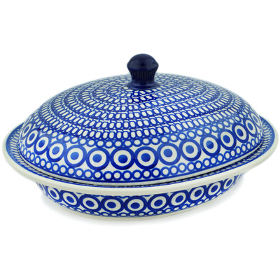 Polish Pottery Baker with Cover 12&quot; Royal Peacock Eyes