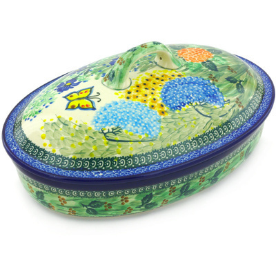 Polish Pottery Baker with Cover 12&quot; Spring Garden UNIKAT