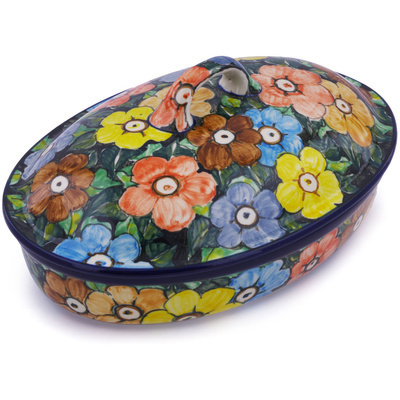 Polish Pottery Baker with Cover 12&quot; Springtime Flowers UNIKAT