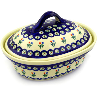 Polish Pottery Baker with Cover 12&quot; Tulip Pair Peacock