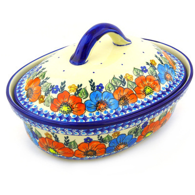 Polish Pottery Baker with Cover 13&quot; Bold Poppies