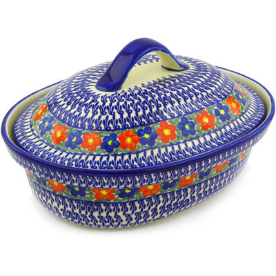 Polish Pottery Baker with Cover 13&quot; Floral Burst