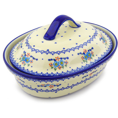 Polish Pottery Baker with Cover 13&quot; Hearts And Flowers