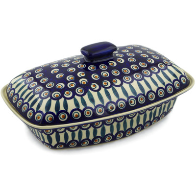 Polish Pottery Baker with Cover 13&quot; Peacock