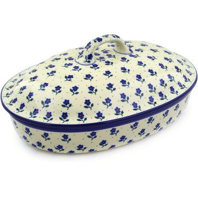 Polish Pottery Baker with Cover 14&quot; Auntie Em Sapphire