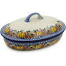 Polish Pottery Baker with Cover 14&quot; Autumn Falling Leaves UNIKAT