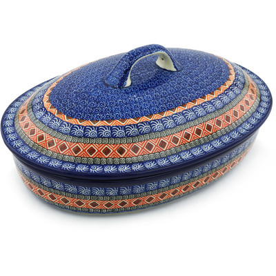Polish Pottery Baker with Cover 14&quot; Aztec Night