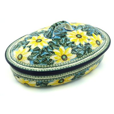 Polish Pottery Baker with Cover 14&quot; Black Eyed Susan UNIKAT