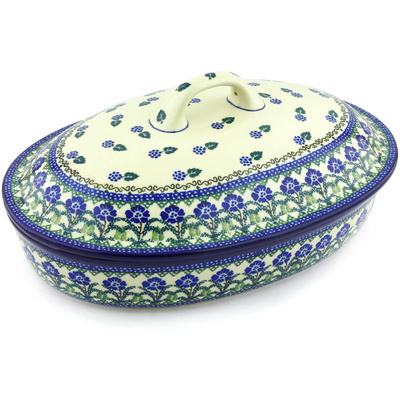 Polish Pottery Baker with Cover 14&quot; Blackberry Blooms