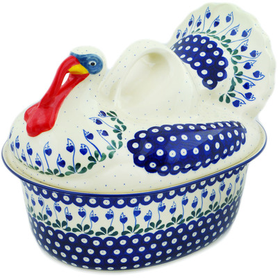 Polish Pottery Baker with Cover 14&quot; Bleeding Heart Peacock