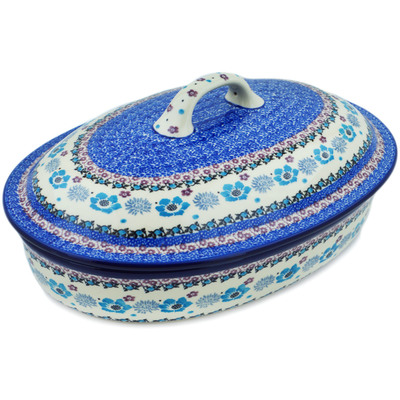 Polish Pottery Baker with Cover 14&quot; Blooming Blues