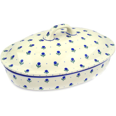 Polish Pottery Baker with Cover 14&quot; Blue Buds