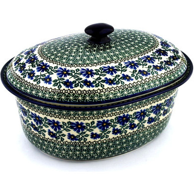 Polish Pottery Baker with Cover 14&quot; Blue Chicory