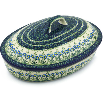 Polish Pottery Baker with Cover 14&quot; Blue Daisy Circle